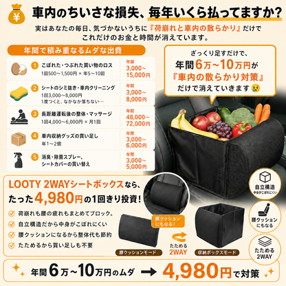 2WAYシートボックス｜30L大容量収納＆腰クッション付き・車内収納ボックス